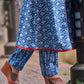 Indigo Printed A-Line Kurta with Waist-Defining Side Strings and Maroon Detailing