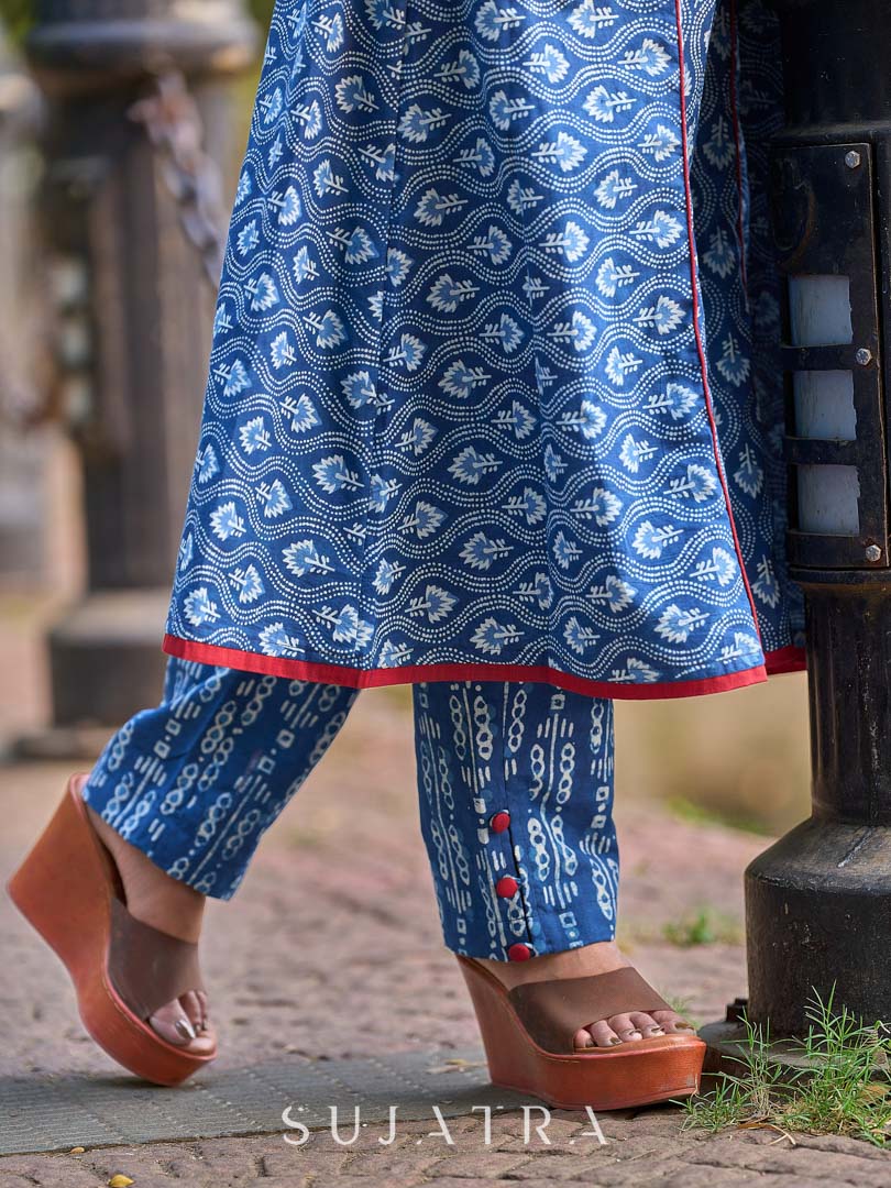 Indigo Printed A-Line Kurta with Waist-Defining Side Strings and Maroon Detailing