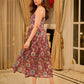 Playful wine floral summer dress elevated with dainty straps and pleats from the waistline