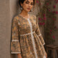 Romantic peach Jaipur floral top adorned with scalloped lace, gathered sleeve hems, and playful tie-knot accents.