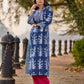 Indigo Floral Kurta with Playful Stripe Print and Magenta Hand Mirror Work on Overlapping Neckline