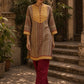 Mustard Geometric Print Short Kurta with Pin-Tucked Yoke & Contrast Maroon Button Detail