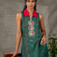 Bottle green Madhubani printed dress with vibrant magenta accents.