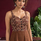 Rust Brown Cotton One Piece Dress with Maroon Floral Print Bodice & Button Front Detail — view 4