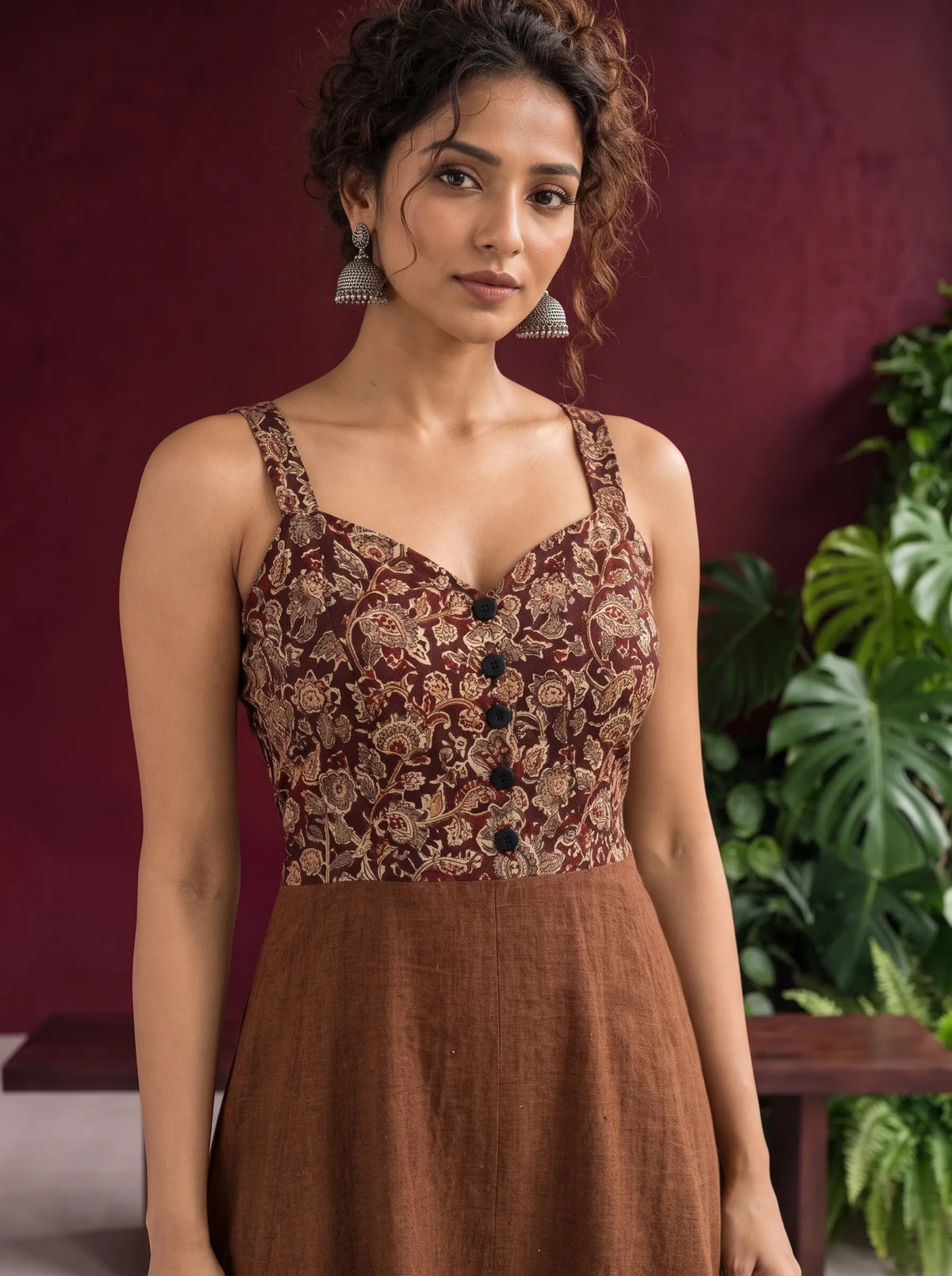 Rust Brown Cotton One Piece Dress with Maroon Floral Print Bodice & Button Front Detail — view 4