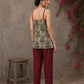 Rustic olive and maroon vegetable-dyed printed top with crossover styling and rich maroon accent detailing.
