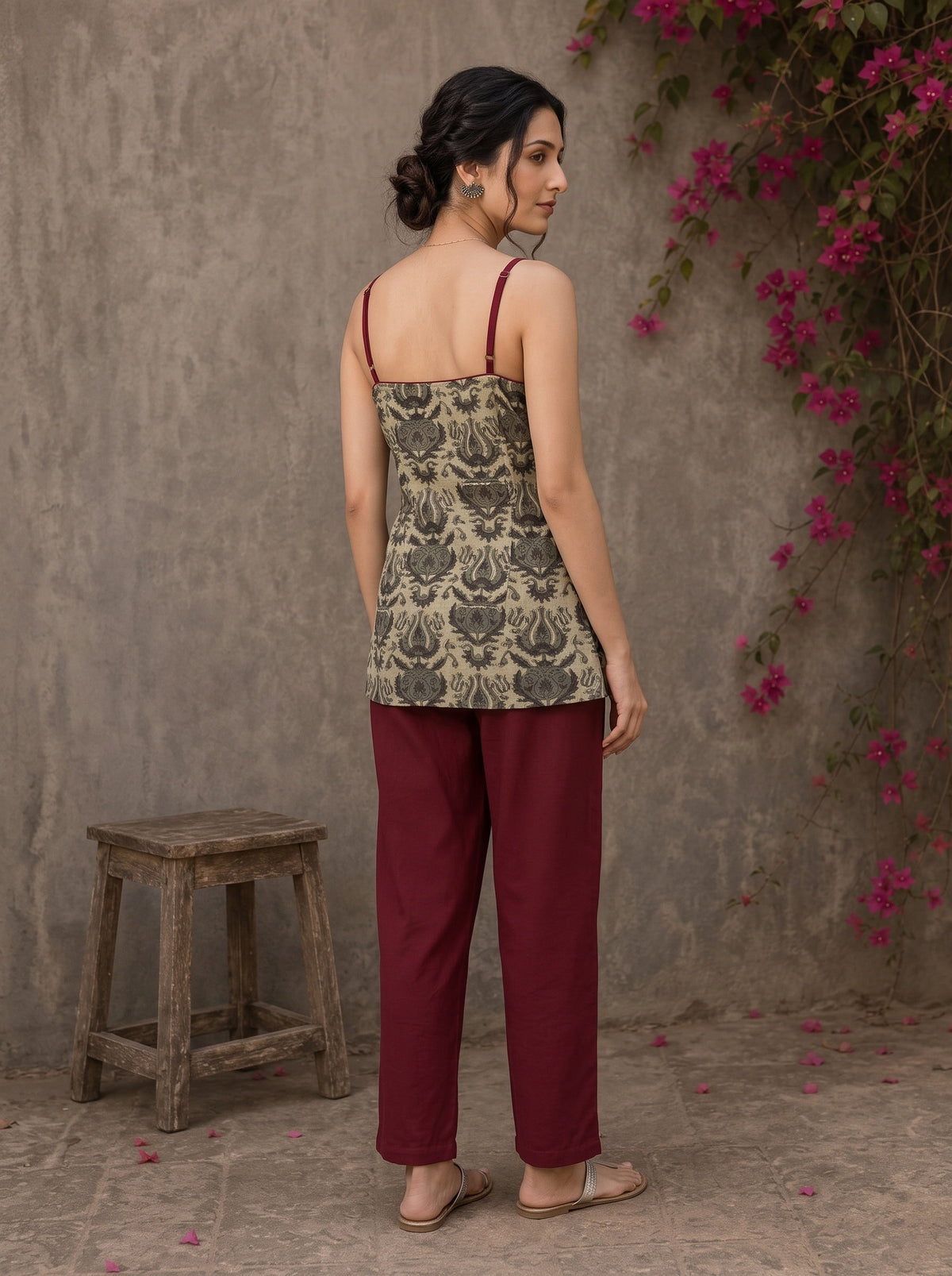 Rustic olive and maroon vegetable-dyed printed top with crossover styling and rich maroon accent detailing.