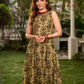 Graceful natural-printed halter dress elevated with subtle maroon highlights.