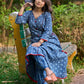 Indigo Printed A-Line Kurta with Waist-Defining Side Strings and Maroon Detailing