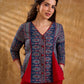 Classic navy blue printed jacket with flared panels and bold red accents, offering a structured yet dynamic silhouette with refined detailing, ideal for polished, elevated corporate styling.