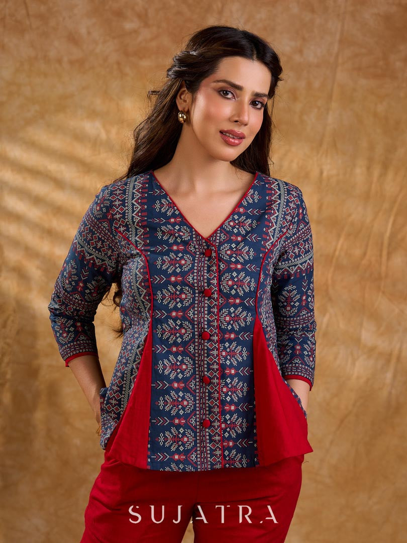Classic navy blue printed jacket with flared panels and bold red accents, offering a structured yet dynamic silhouette with refined detailing, ideal for polished, elevated corporate styling.