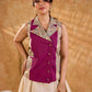 Elegant Madhubani jacket featuring magenta panels, asymmetrical closure, and a notch collar, enhanced with matching accents for a clean, tailored silhouette ideal for elevated corporate wear.
