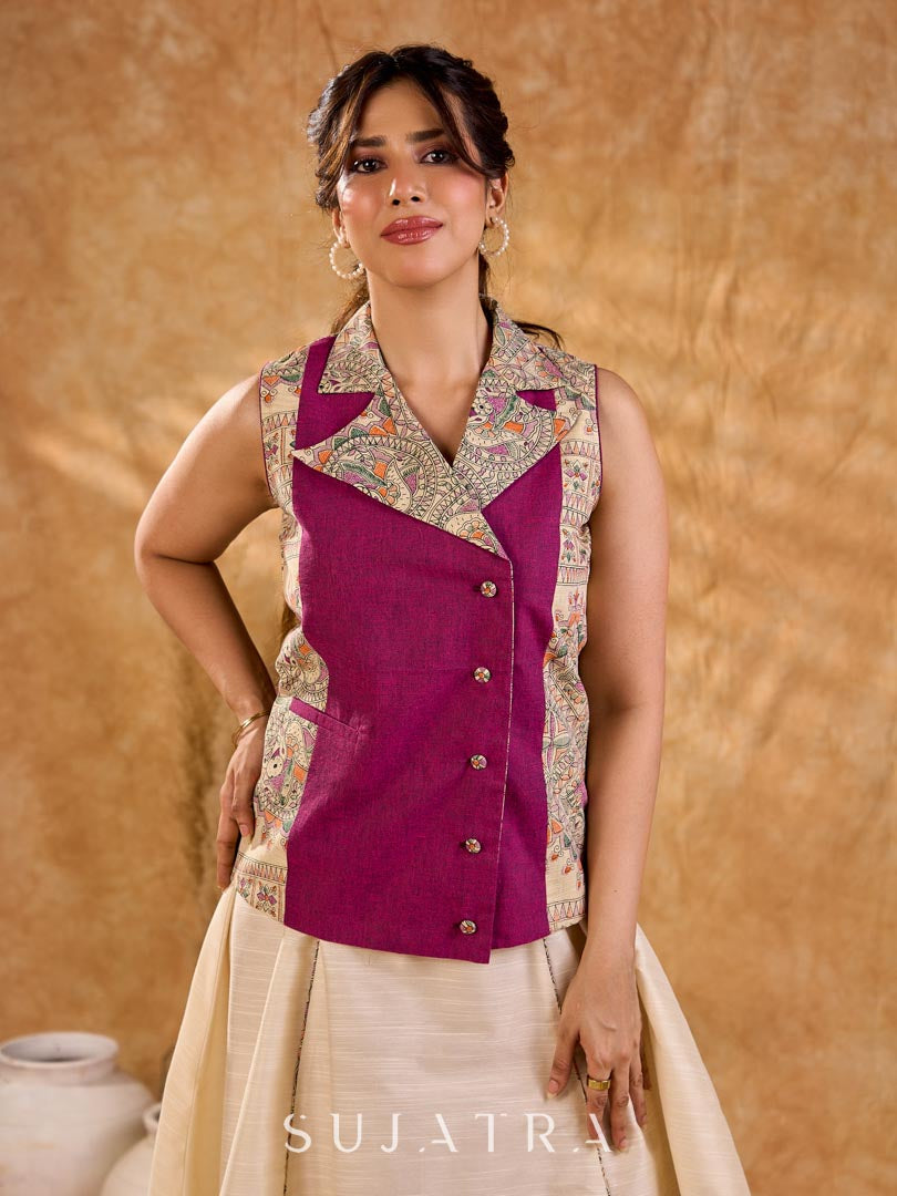 Elegant Madhubani jacket featuring magenta panels, asymmetrical closure, and a notch collar, enhanced with matching accents for a clean, tailored silhouette ideal for elevated corporate wear.