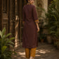 Earthy Brown Cotton Kurta with Statement Kalamkari Block Print Cuffs & Mustard Piping