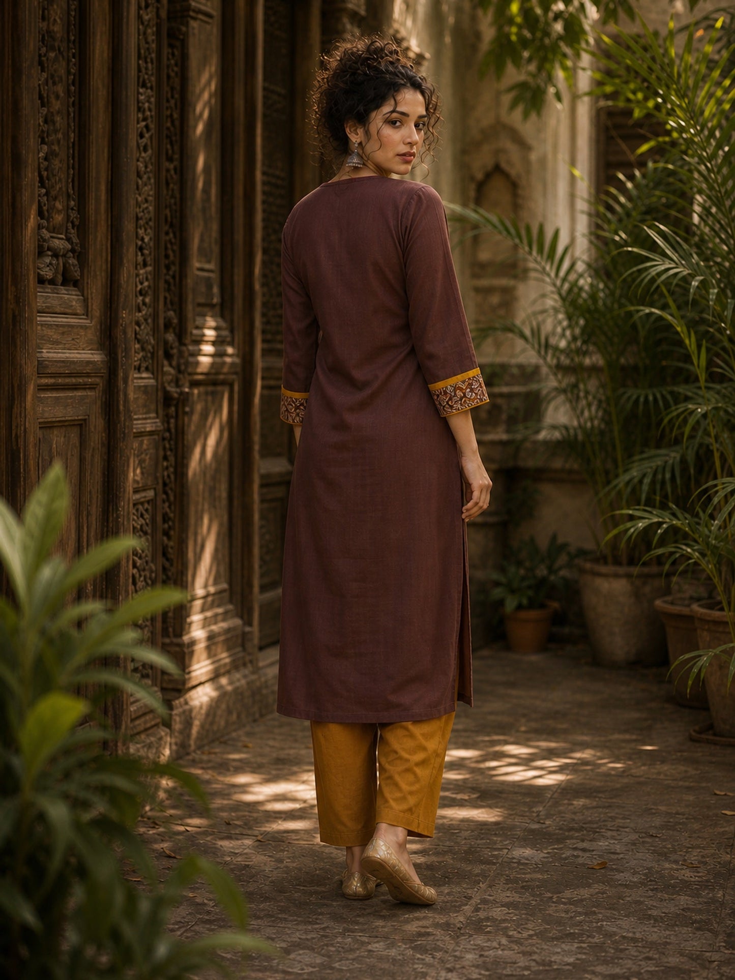 Earthy Brown Cotton Kurta with Statement Kalamkari Block Print Cuffs & Mustard Piping