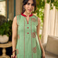 Pista sleeveless block printed dress with red abstract motif panels, a contrasting red collar, and accents for a fresh, artisanal, contemporary look.