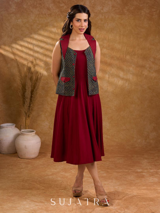 Sharp dark teal and maroon checkered sleeveless jacket with a distinctive notch collar and princess-cut tailoring, offering a structured silhouette ideal for elevated corporate styling.
