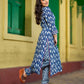 Deep Indigo Kurta with Playful Fish Print, Sculpted Neckline and Magenta Embroidery Accents