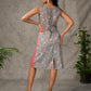 Grey and Rust Kalamkari inspired floral vine printed overlap dress with red accents