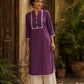 Deep Purple Kurta with White Crochet Lace Yoke Border & Sleeve Cuff Detail
