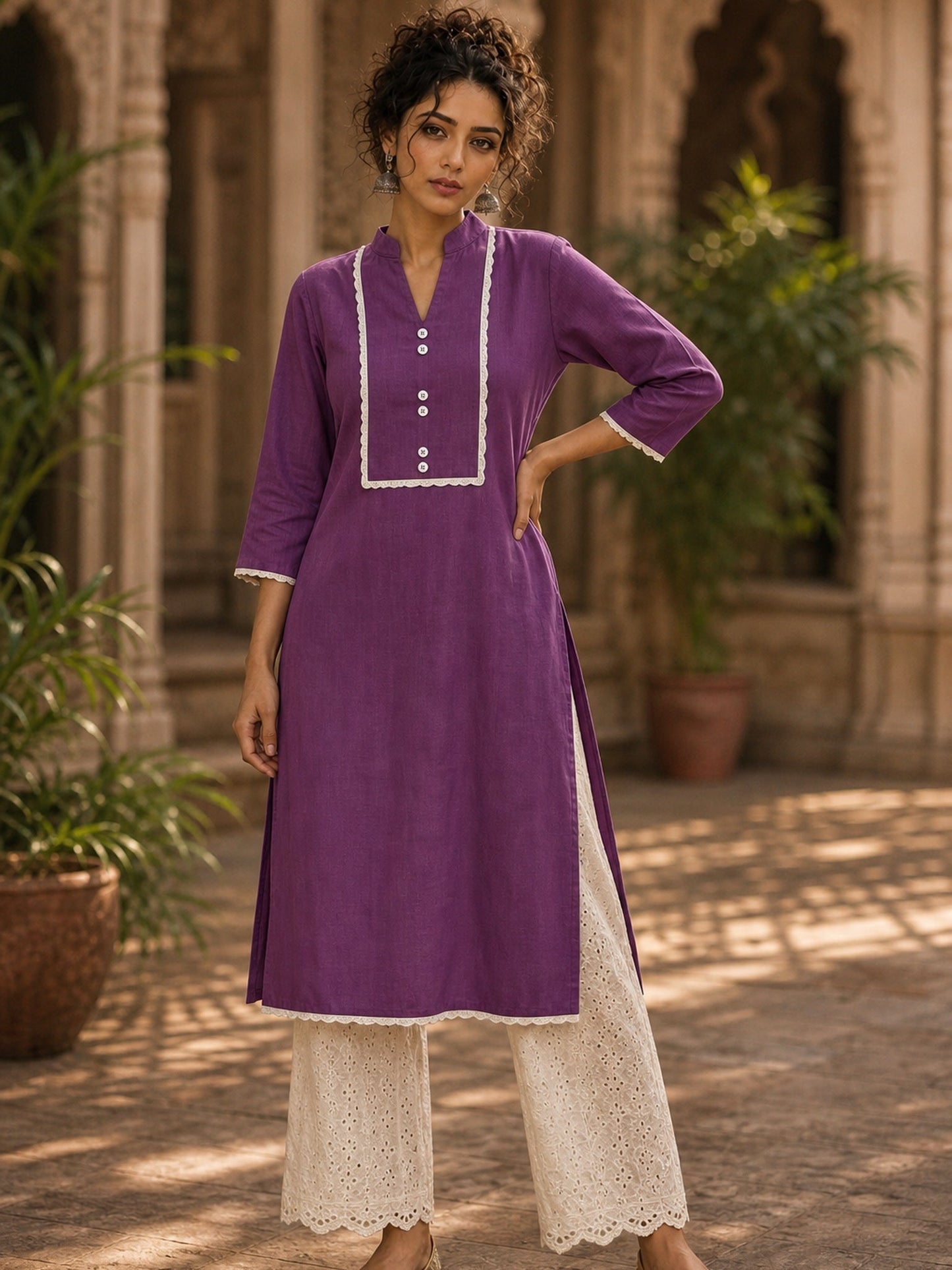 Deep Purple Kurta with White Crochet Lace Yoke Border & Sleeve Cuff Detail