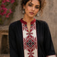 Heritage-inspired black top showcasing handcrafted block print panels, elegant maroon trims, and timeless artistry for versatile modern styling.