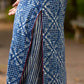 Contemporary Indigo Geometric Side-Cut Kurta with Linear Stripe Detailing and Maroon Triangle Highlights