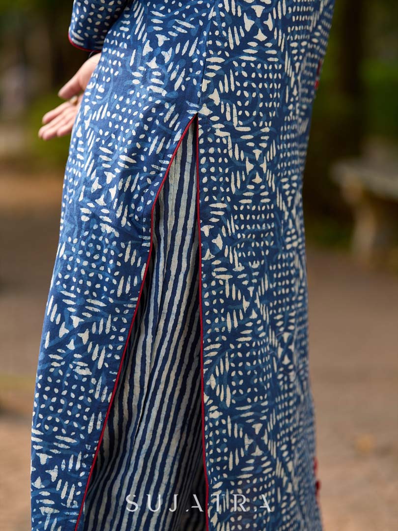 Contemporary Indigo Geometric Side-Cut Kurta with Linear Stripe Detailing and Maroon Triangle Highlights