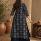 Navy Blue Kantha Printed Cotton Kurta with Asymmetric Neckline & Detailed Sleeves