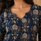 Navy Blue Kantha Printed Cotton Kurta with Asymmetric Neckline & Detailed Sleeves