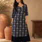 Navy Blue Kantha Printed Cotton Kurta with Asymmetric Neckline & Detailed Sleeves