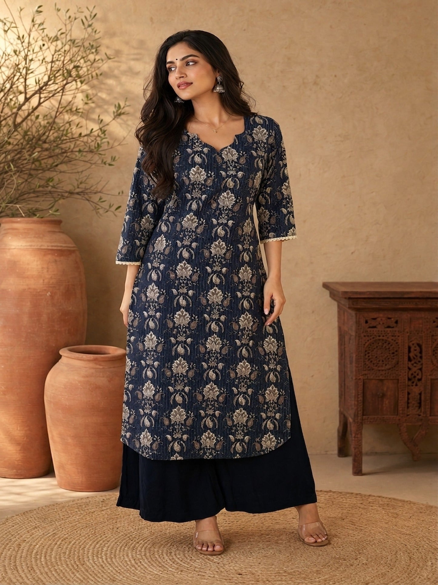 Navy Blue Kantha Printed Cotton Kurta with Asymmetric Neckline & Detailed Sleeves
