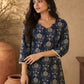 Navy Blue Kantha Printed Cotton Kurta with Asymmetric Neckline & Detailed Sleeves