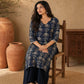 Navy Blue Kantha Printed Cotton Kurta with Asymmetric Neckline & Detailed Sleeves
