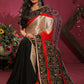 Combination of pure tassar silk and black semi silk saree with warli printed pallu & border - Sujatra