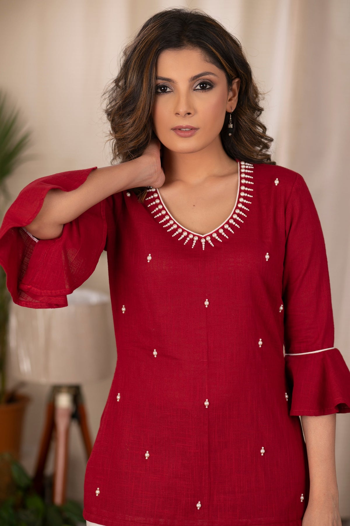 Exclusa Marron Exclusive Maroon top with intricate moti work – SujatraCA