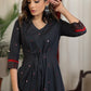 Dark gray A line dress with ajrakh combination and overall mirror embroidery
