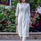 Off-white hand embroidered straight cut handloom cotton kurta with sequence work