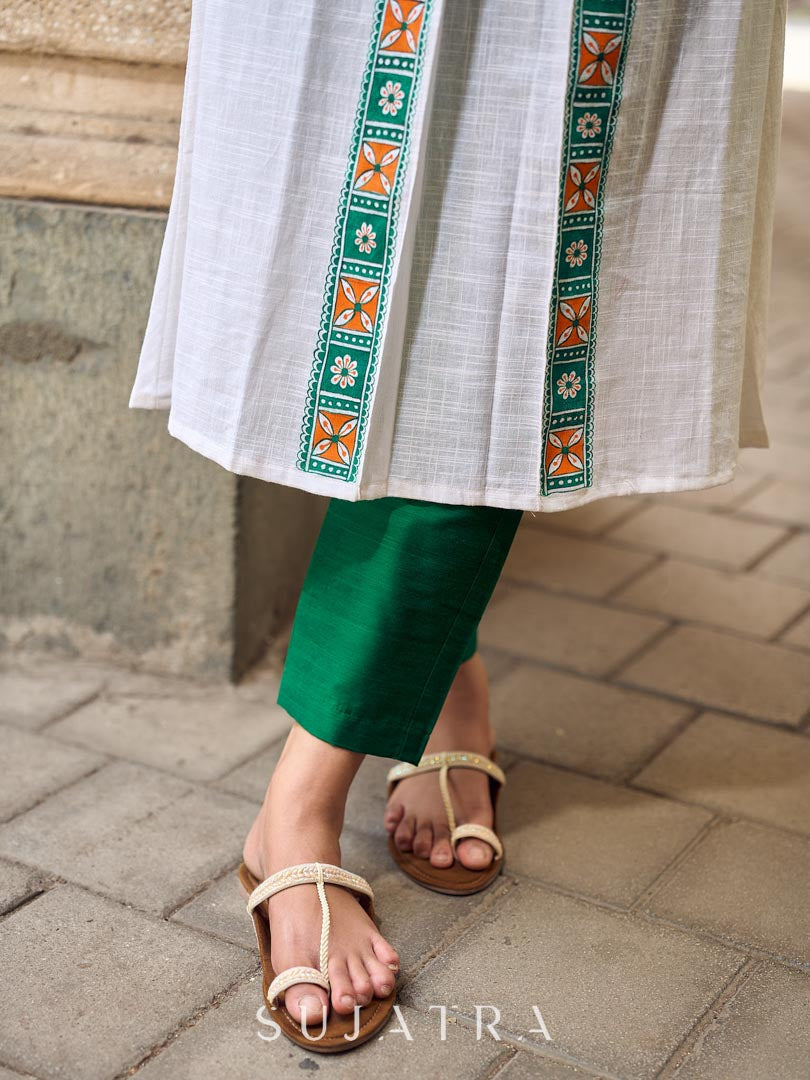 Timeless White Cotton Kurta with Hand Painted Madhubani Motifs on Front & Sleeves