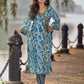 Angarkha-Style Indigo & Olive Kurta with Olive Mirror Detailing and Dori Tie-Up