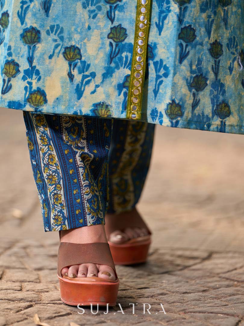 Angarkha-Style Indigo & Olive Kurta with Olive Mirror Detailing and Dori Tie-Up