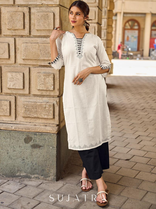 Refined Ivory Straight Kurta with Minimal Geometric Printed Neckline Highlighted with Hand Painting
