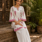 Ivory Straight Cotton Short Kurta with Pink Botanical Block Print & Contrast Scalloped Hem & Sleeve Cuffs