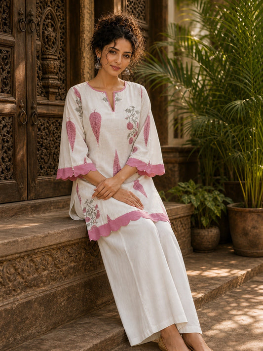 Ivory Straight Cotton Short Kurta with Pink Botanical Block Print & Contrast Scalloped Hem & Sleeve Cuffs