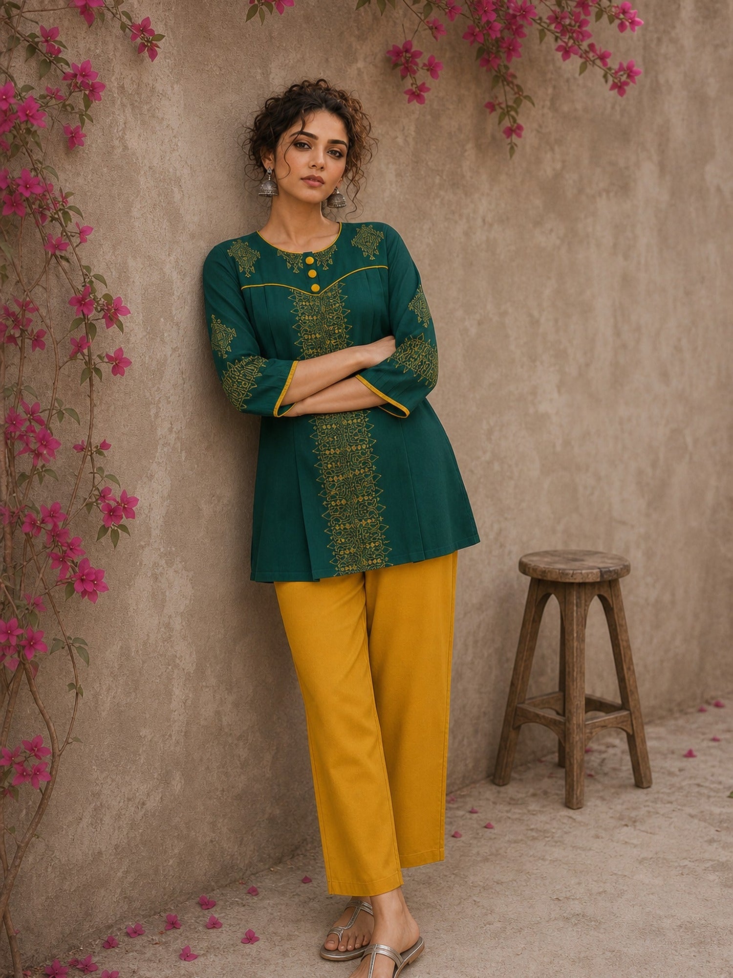 Enchanting bottle green tunic featuring a refined, rhythmic Block print motifs, vibrant mustard accents, and a graceful aesthetic.