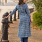 Indigo Printed Kurta with Statement Neck Patch, Flowing Gathers and Pearl Embellished Sleeves