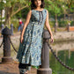Artisan Indigo Floral Kurta with Black Mirror Work and Pleated Yoke Silhouette