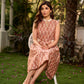 Chic champagne beige Ikat dress elevated with Hakoba accents, a relaxed drop-shoulder fit, mandarin neckline, and fluid side gathers detailed with Hakoba flaps.