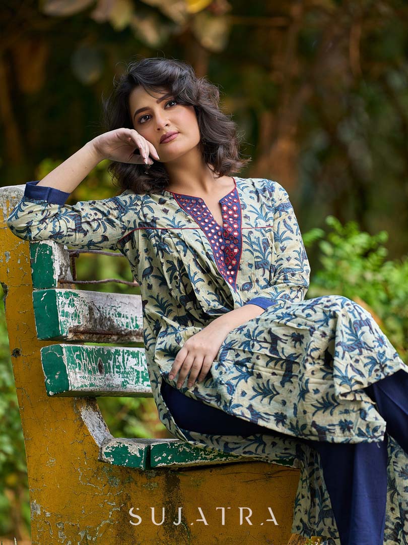 Artisan Indigo Kurta with Animal Motifs, Overlapping Neck and Handcrafted Maroon Mirror Detailing