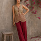 Sophisticated beige waist coat top showcasing refined leaf block print motifs, a polished button-down front, and elegant red piping for artisanal style.